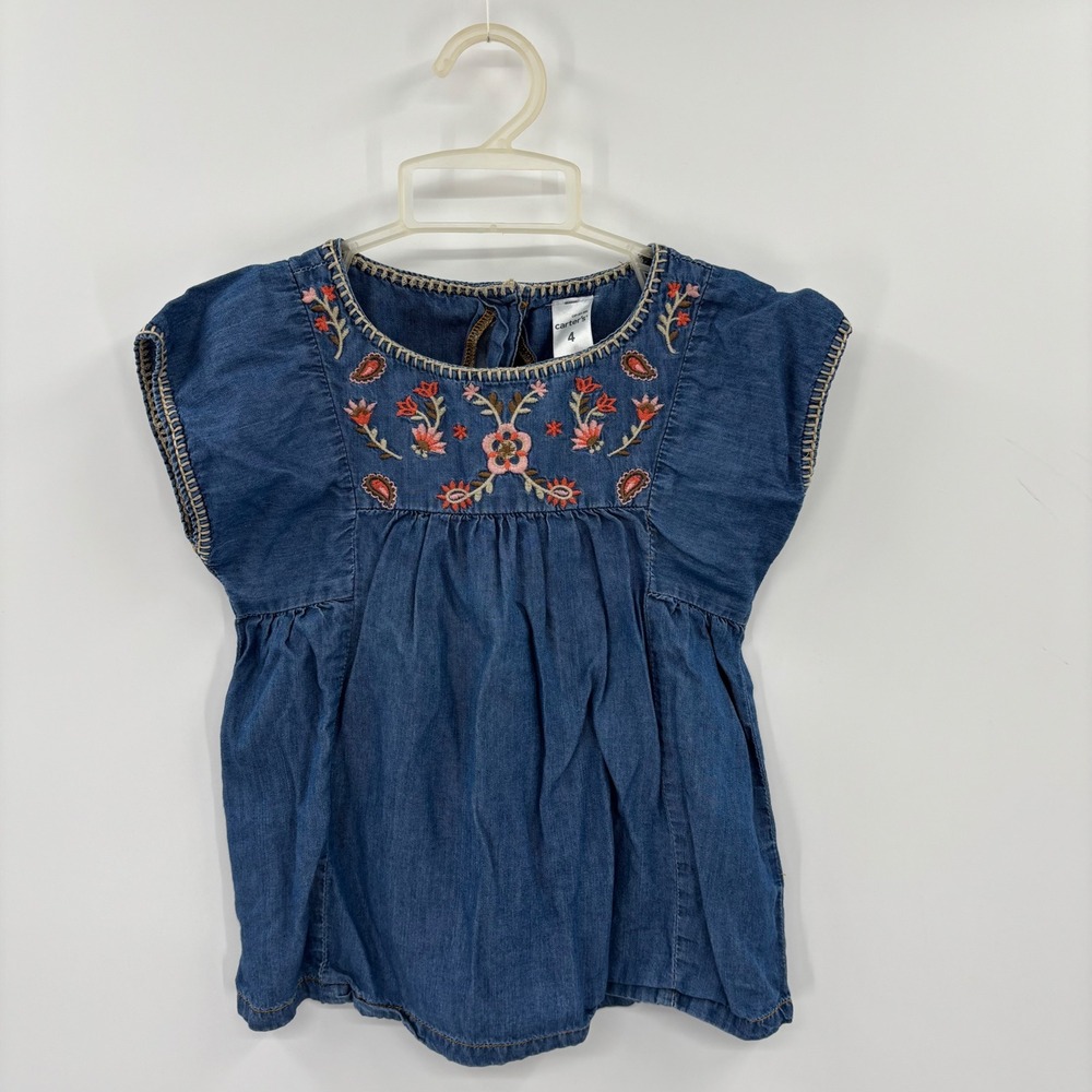 Carter's Embroidered Chambray Top Kids 4 Blue Floral Boho Babydoll Denim Cottage